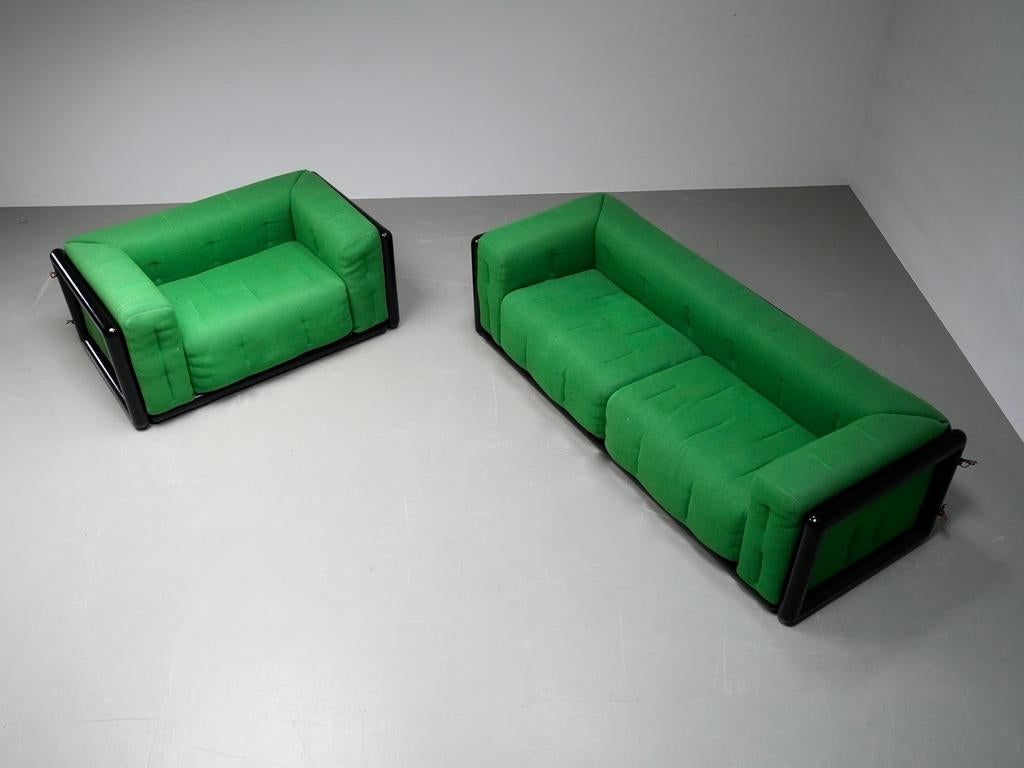 Set of 2 Carlo Scarpa 'Cornaro' Sofas in Iroko Wood and Fabric, Italy, 1970's