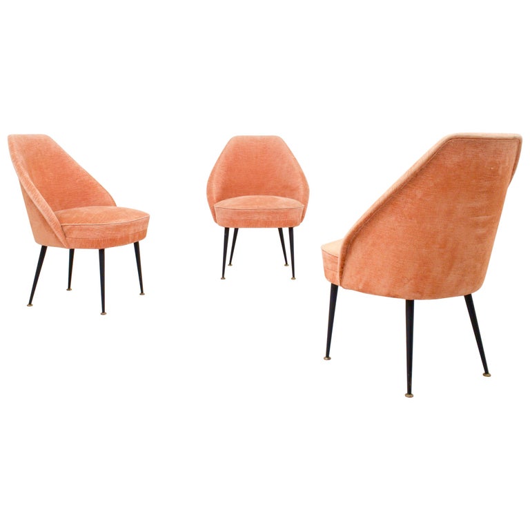 Set of Three Lounge Chairs in Pink Velvet by Carlo Pagano for Arflex, Italy 1952