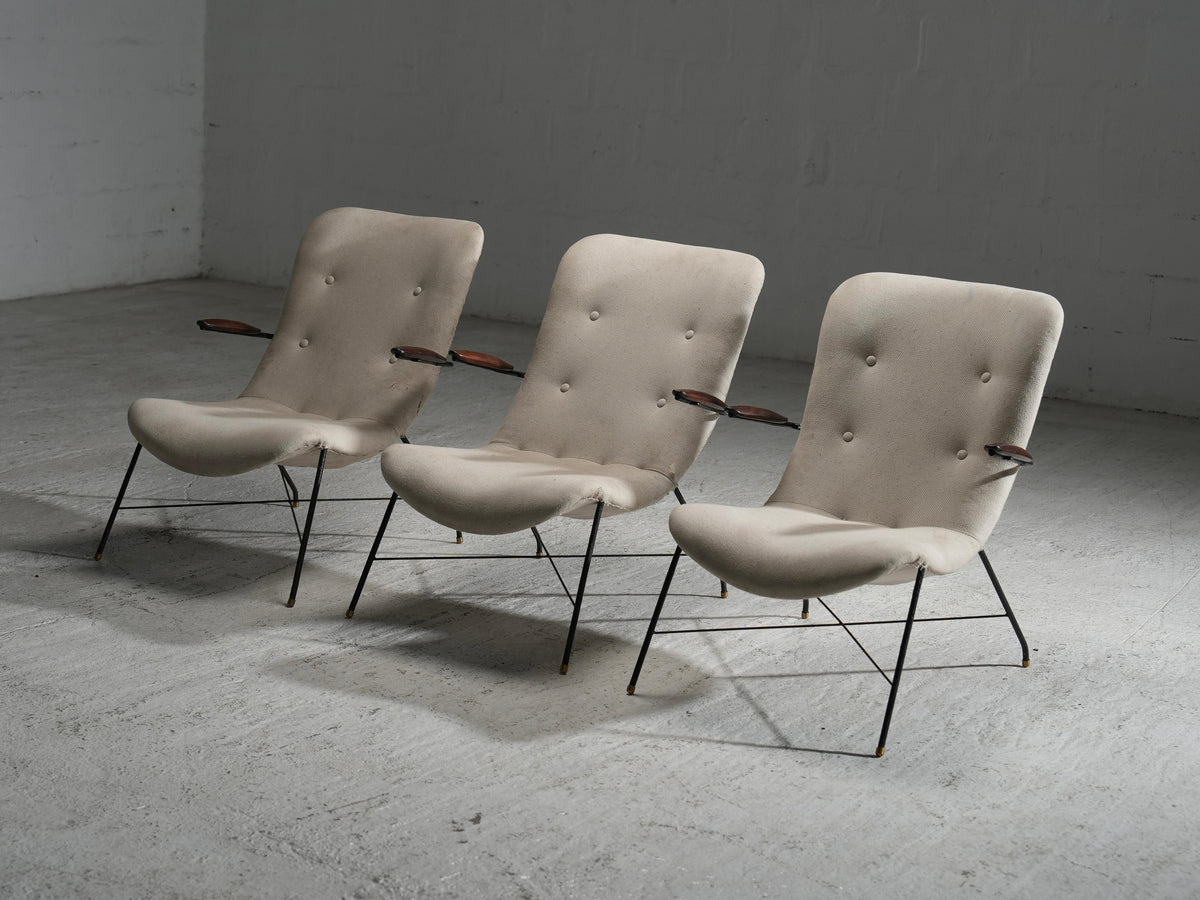 Set of 3 Lounge Chairs by Eisler and Hauner in Wood and Steel,  Brazil, 1960's