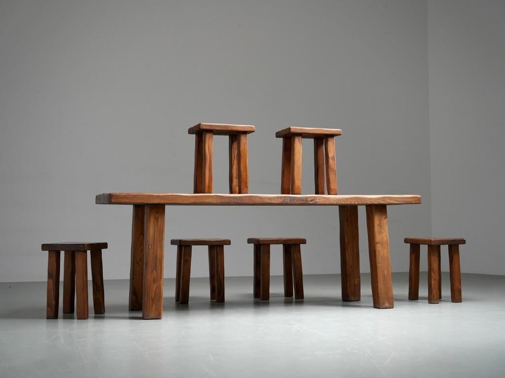 Brutalist Dining Room Set in Solid Pine including 6 Stools, France, 1970's