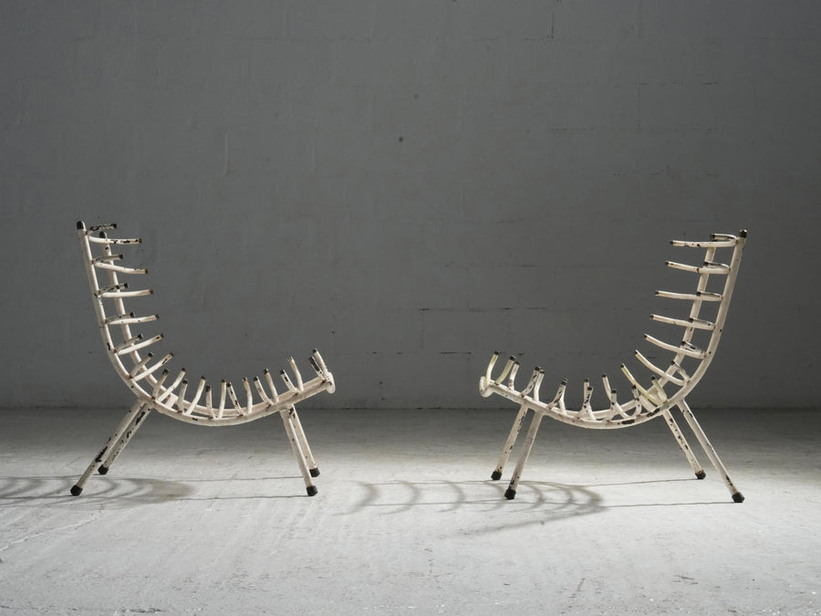 Set of Two White Rib Chairs in Metal and Brass, Brazil, 1950's
