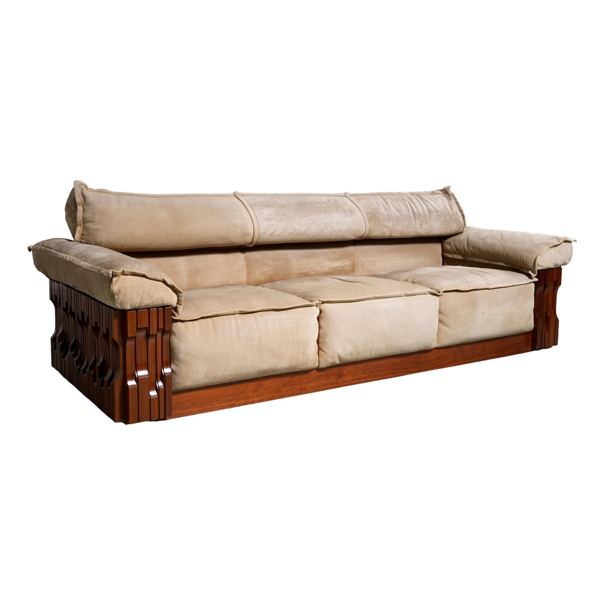 Luciano Frigerio 'Norman' 3 Seat Sofa in Walnut and Suede, Italy, 1968
