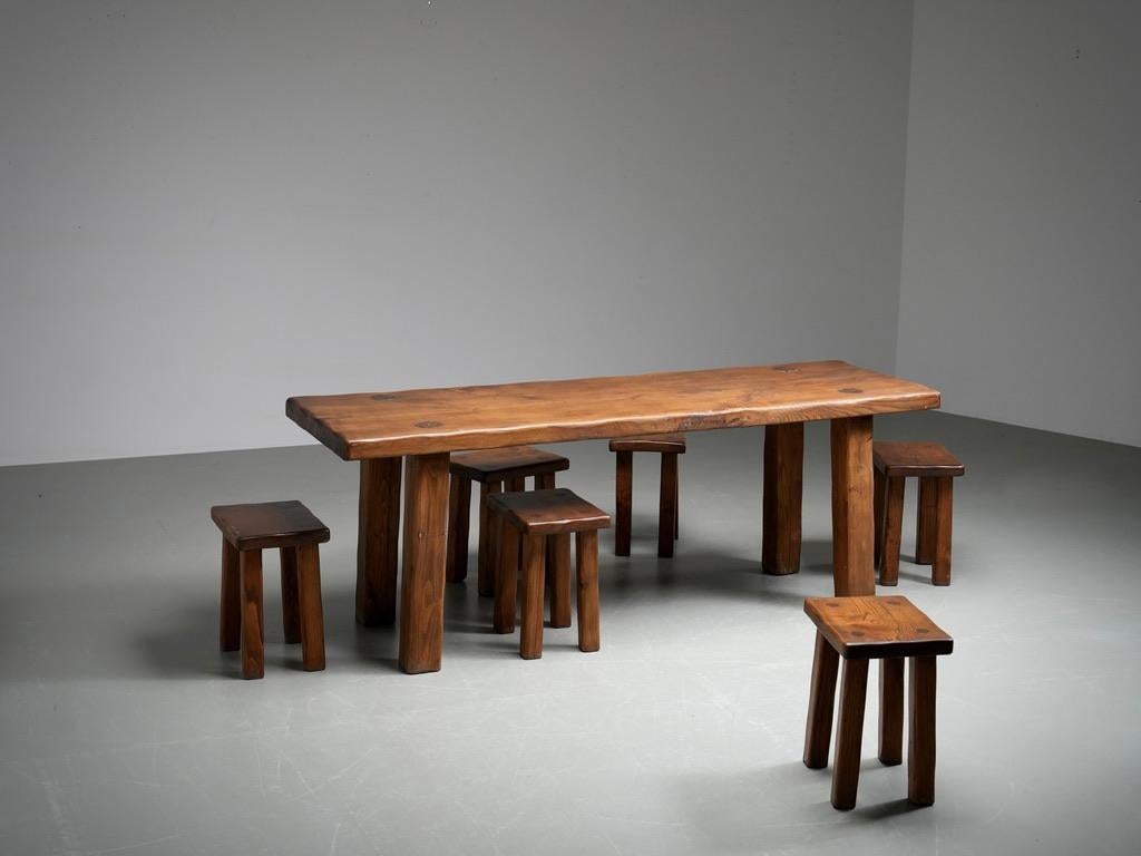 Brutalist Dining Room Set in Solid Pine including 6 Stools, France, 1970's