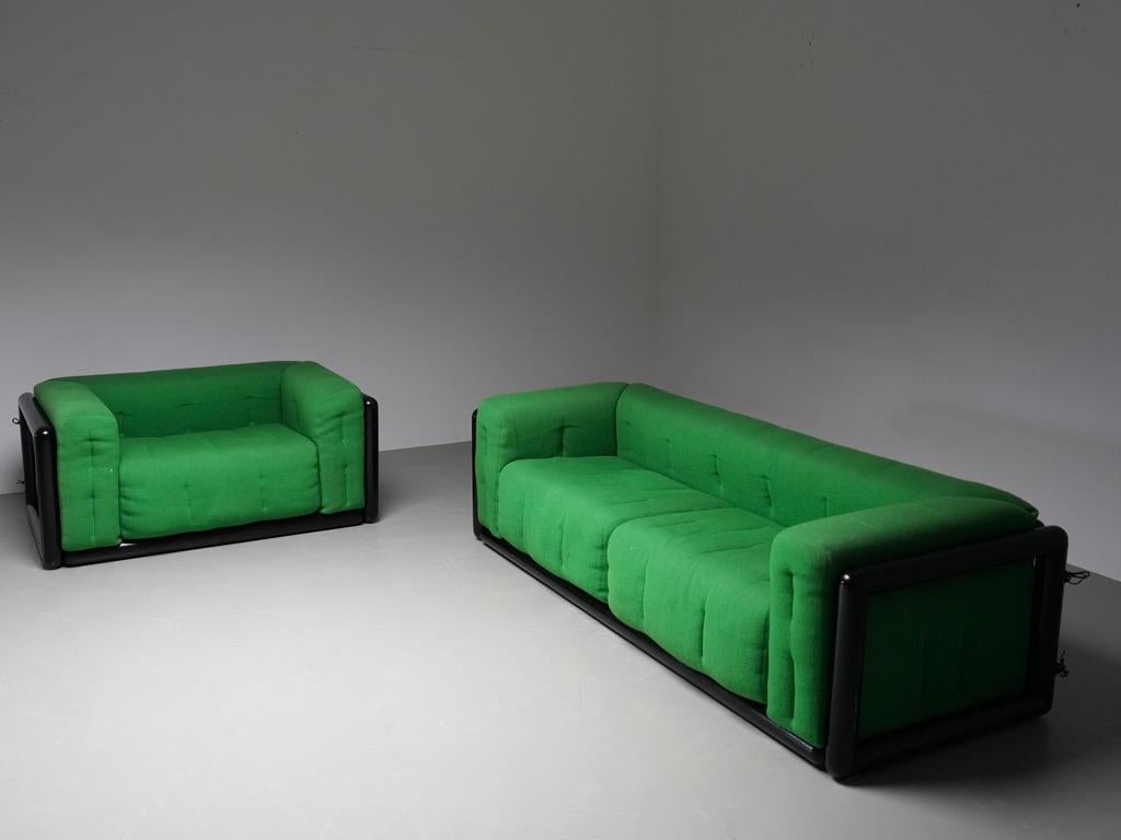 Set of 2 Carlo Scarpa 'Cornaro' Sofas in Iroko Wood and Fabric, Italy, 1970's