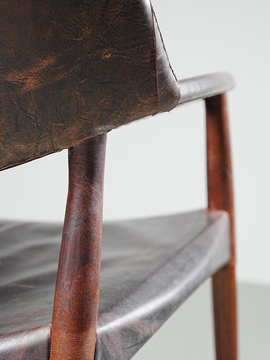 Armchair in Leather and Teak by Larsen and Bender for Willy Beck, Denmark, 1950