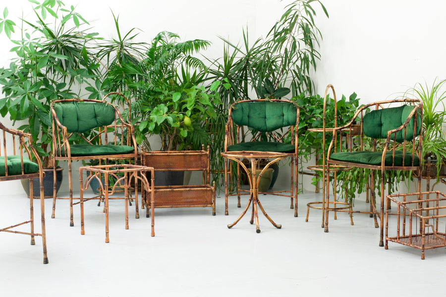 Set of 9 Faux Bamboo Planters and Small Tables with Glass Top, France, 1970's