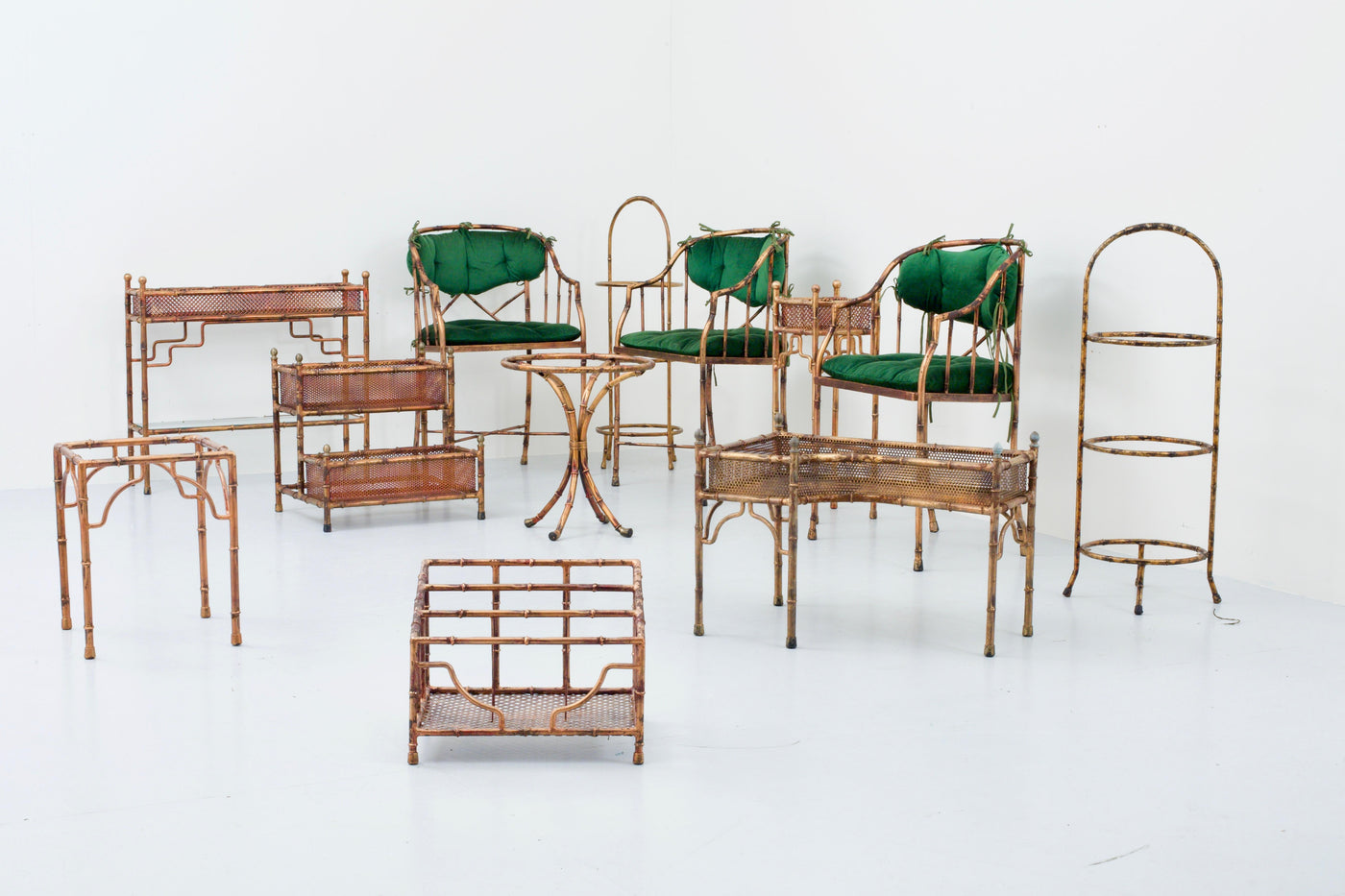 Set of 9 Faux Bamboo Planters and Small Tables with Glass Top, France, 1970's