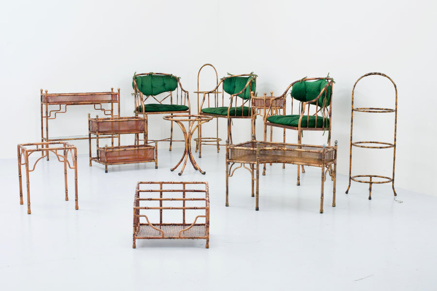 Set of 9 Faux Bamboo Planters and Small Tables with Glass Top, France, 1970's