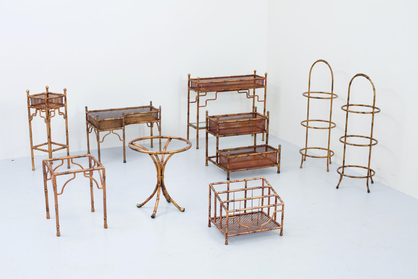 Set of 9 Faux Bamboo Planters and Small Tables with Glass Top, France, 1970's