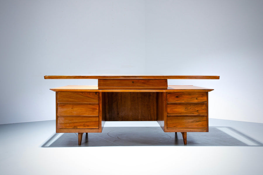 Writing Desk by Silvio Cavatorta in Solid Walnut and Glass, Italy, 1950's