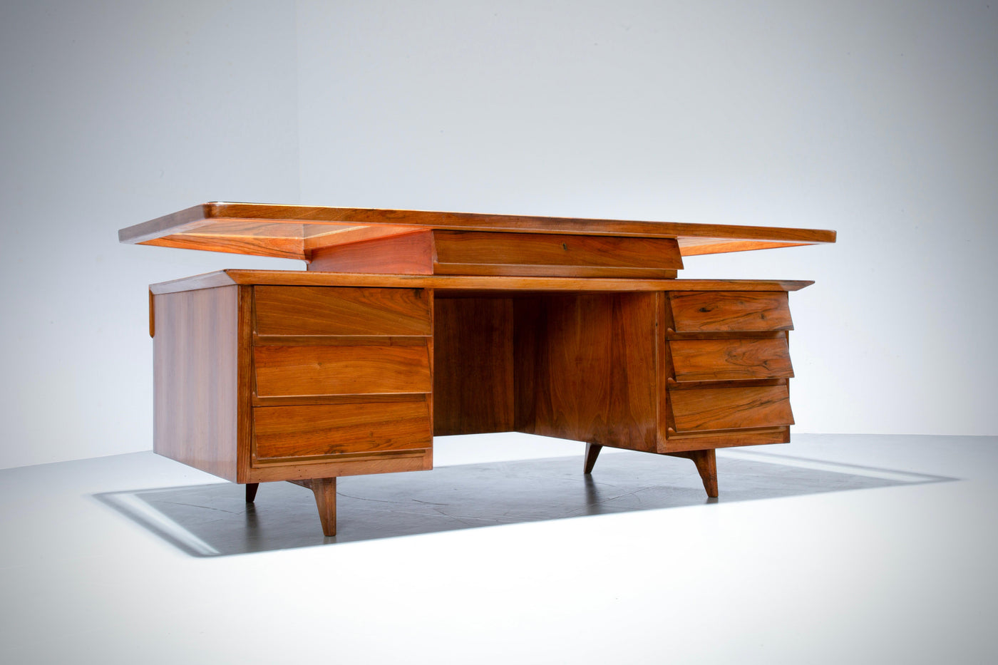 Writing Desk by Silvio Cavatorta in Solid Walnut and Glass, Italy, 1950's