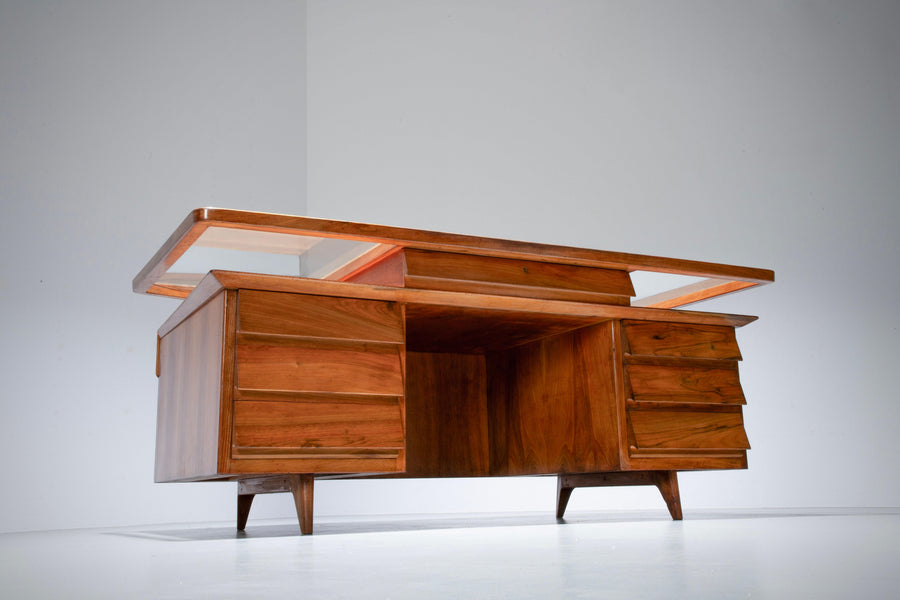 Writing Desk by Silvio Cavatorta in Solid Walnut and Glass, Italy, 1950's