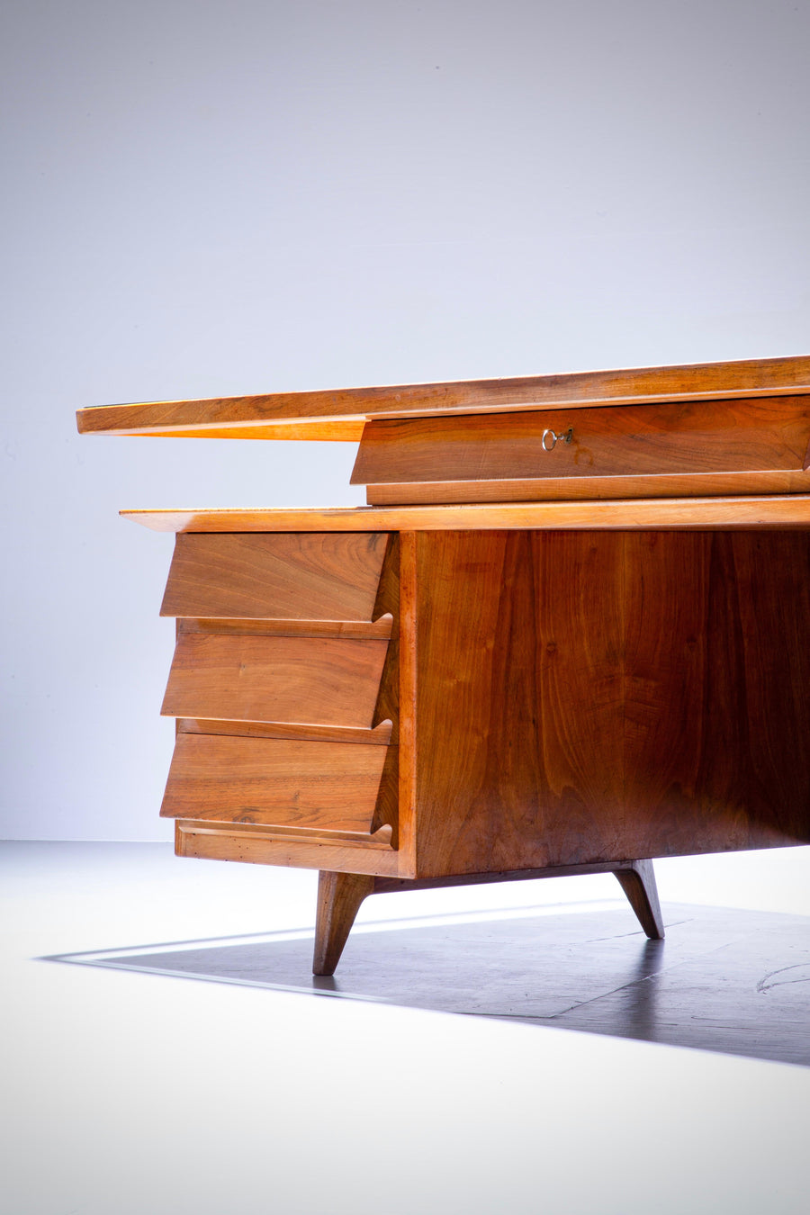 Writing Desk by Silvio Cavatorta in Solid Walnut and Glass, Italy, 1950's