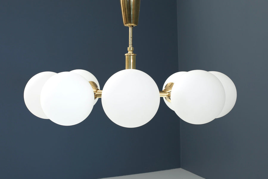 Sputnik in Brass and 8 Opaline Bulbs, Eastern Europe, 1960s