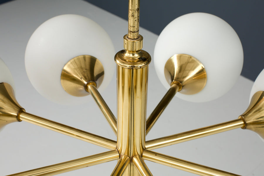 Sputnik in Brass and 8 Opaline Bulbs, Eastern Europe, 1960s