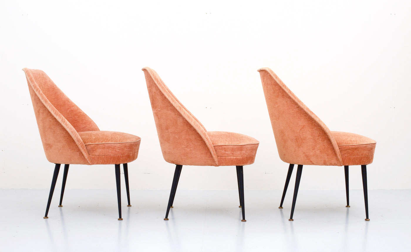 Set of Three Lounge Chairs in Pink Velvet by Carlo Pagano for Arflex, Italy 1952