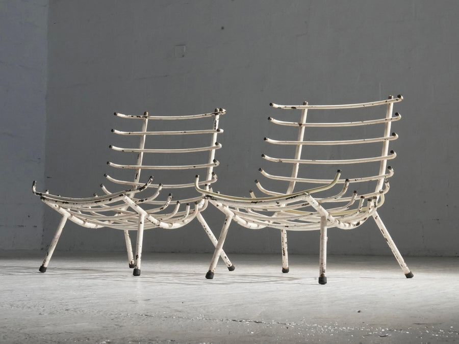 Set of Two White Rib Chairs in Metal and Brass, Brazil, 1950's