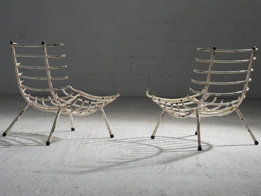 Set of Two White Rib Chairs in Metal and Brass, Brazil, 1950's