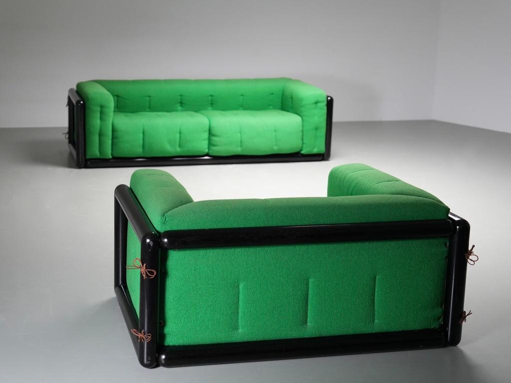 Set of 2 Carlo Scarpa 'Cornaro' Sofas in Iroko Wood and Fabric, Italy, 1970's