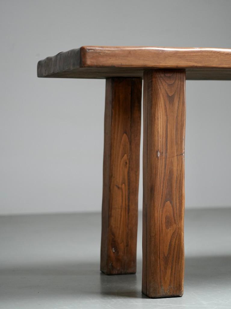 Brutalist Dining Room Set in Solid Pine including 6 Stools, France, 1970's