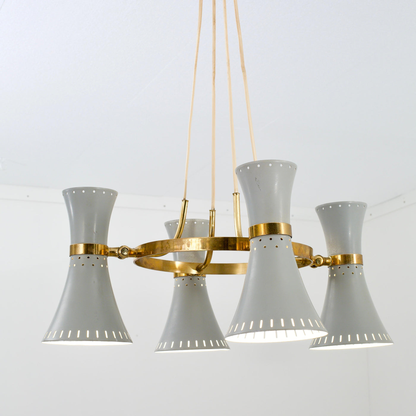 Ceiling lamp with 4 diabolo shades in Brass and Metal, Italy, 1960's