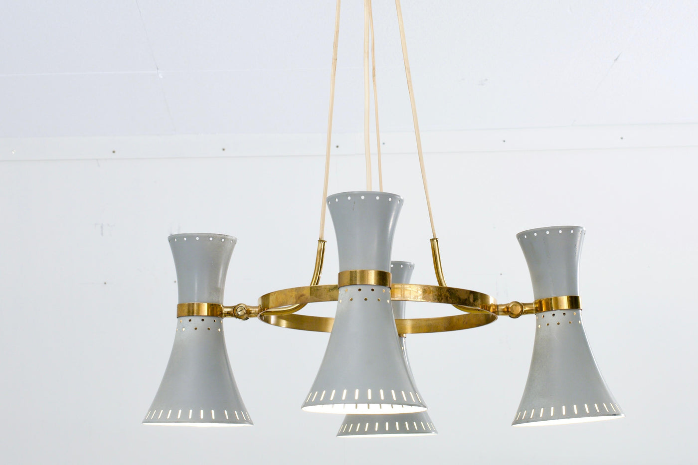 Ceiling lamp with 4 diabolo shades in Brass and Metal, Italy, 1960's