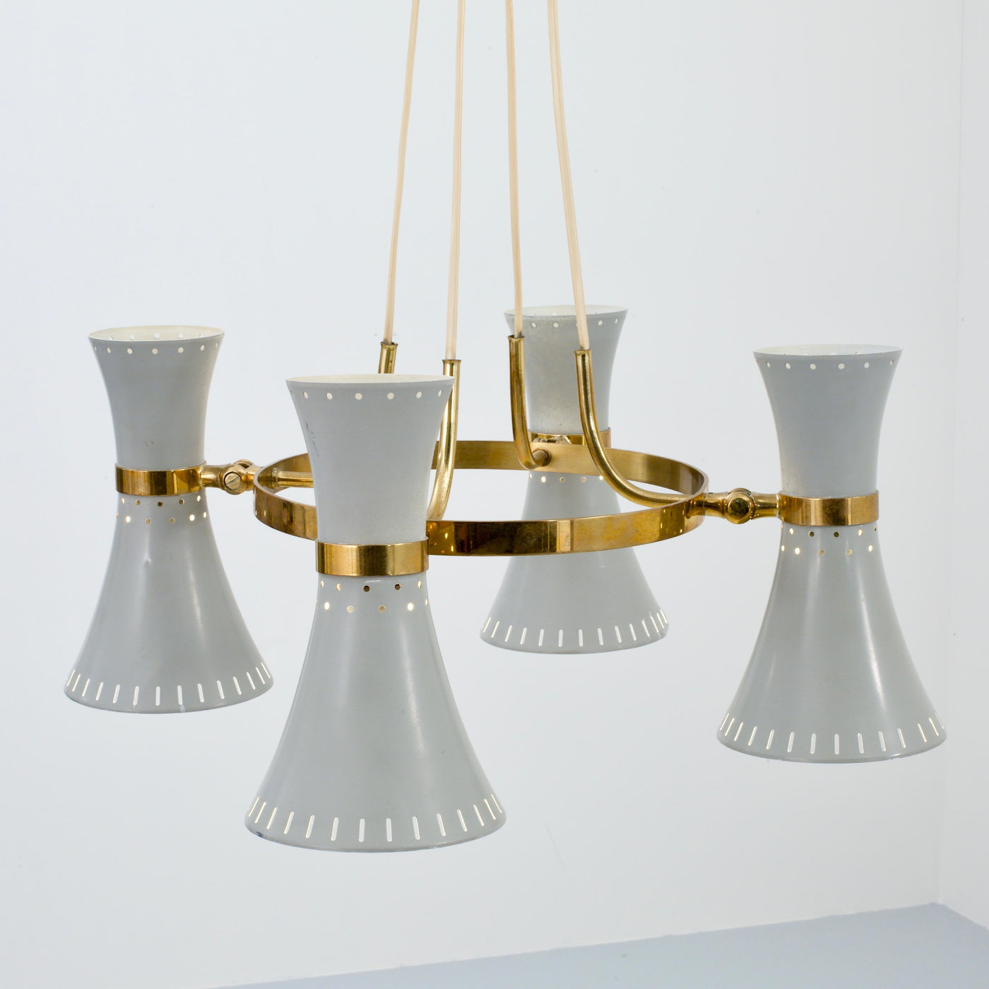 Ceiling lamp with 4 diabolo shades in Brass and Metal, Italy, 1960's