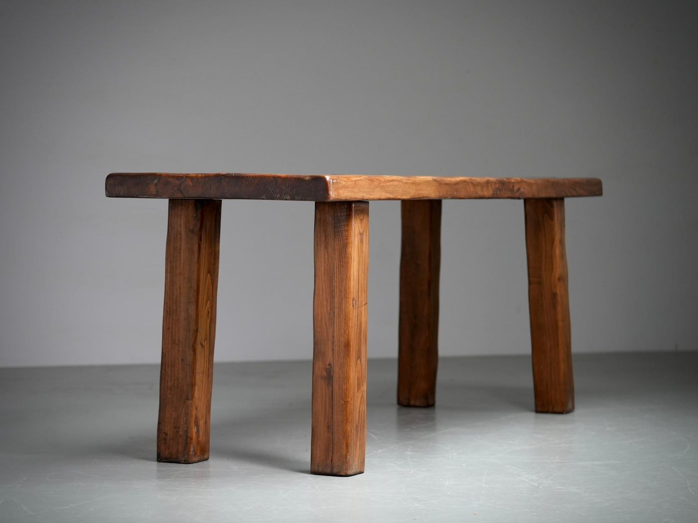Brutalist Dining Room Set in Solid Pine including 6 Stools, France, 1970's