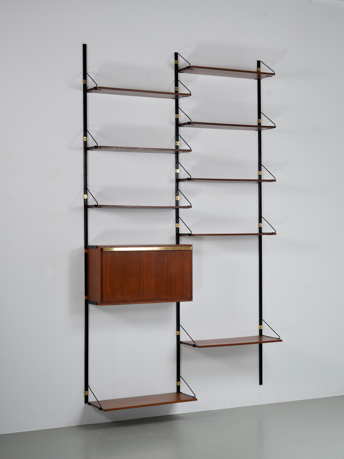 High modular Wall Unit with Dry Bar in Wood, Metal and Brass, Italy, 1960's
