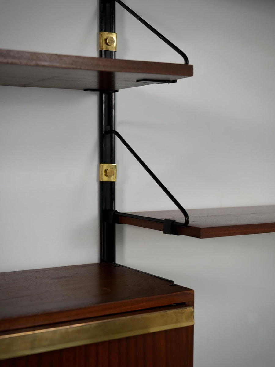 High modular Wall Unit with Dry Bar in Wood, Metal and Brass, Italy, 1960's