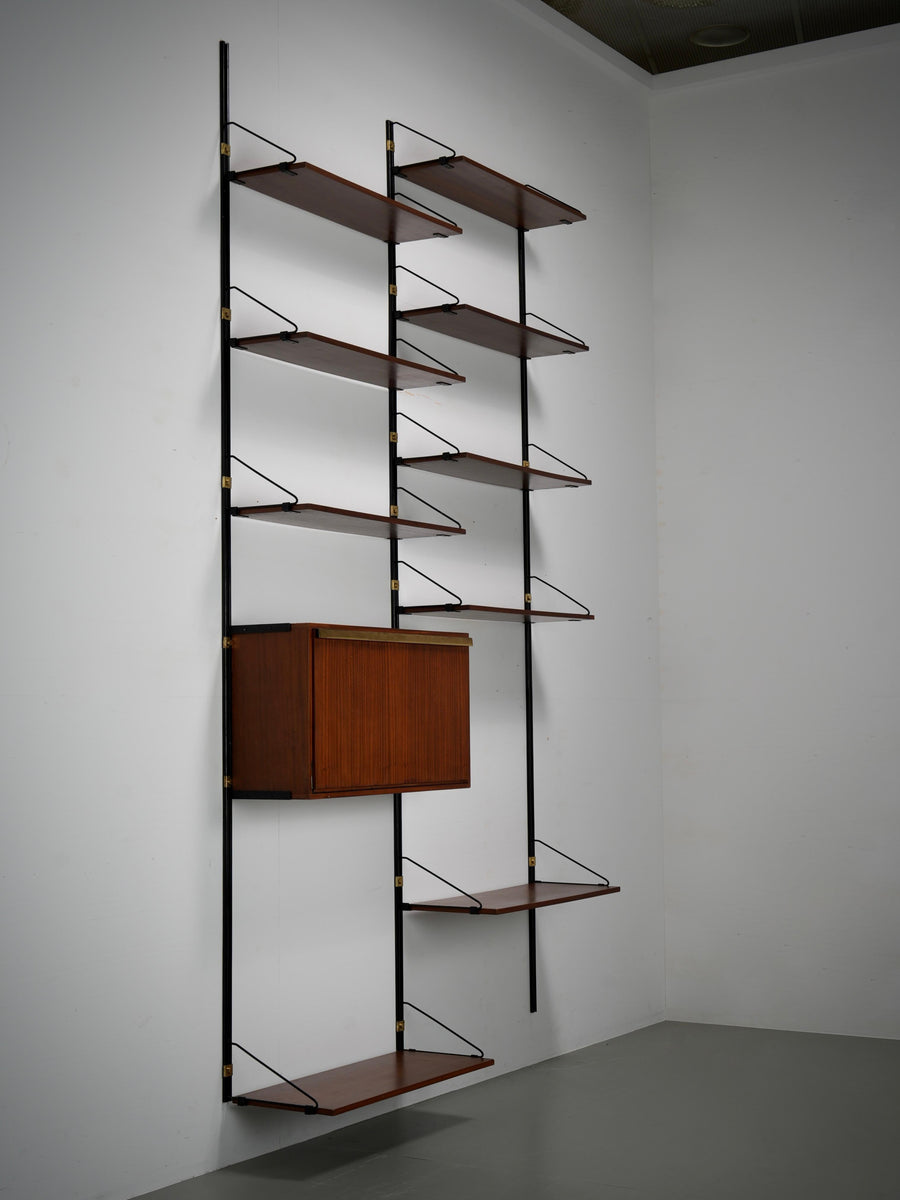 High modular Wall Unit with Dry Bar in Wood, Metal and Brass, Italy, 1960's