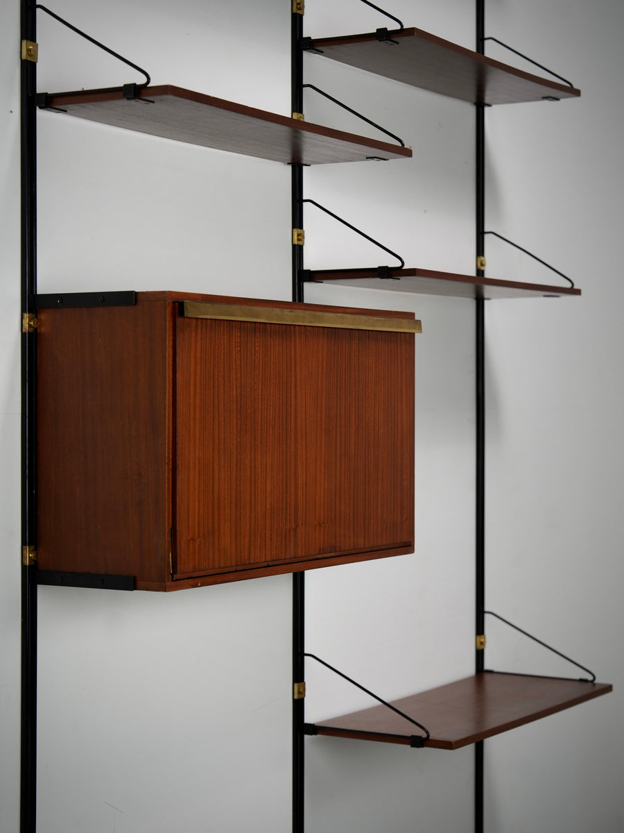 High modular Wall Unit with Dry Bar in Wood, Metal and Brass, Italy, 1960's
