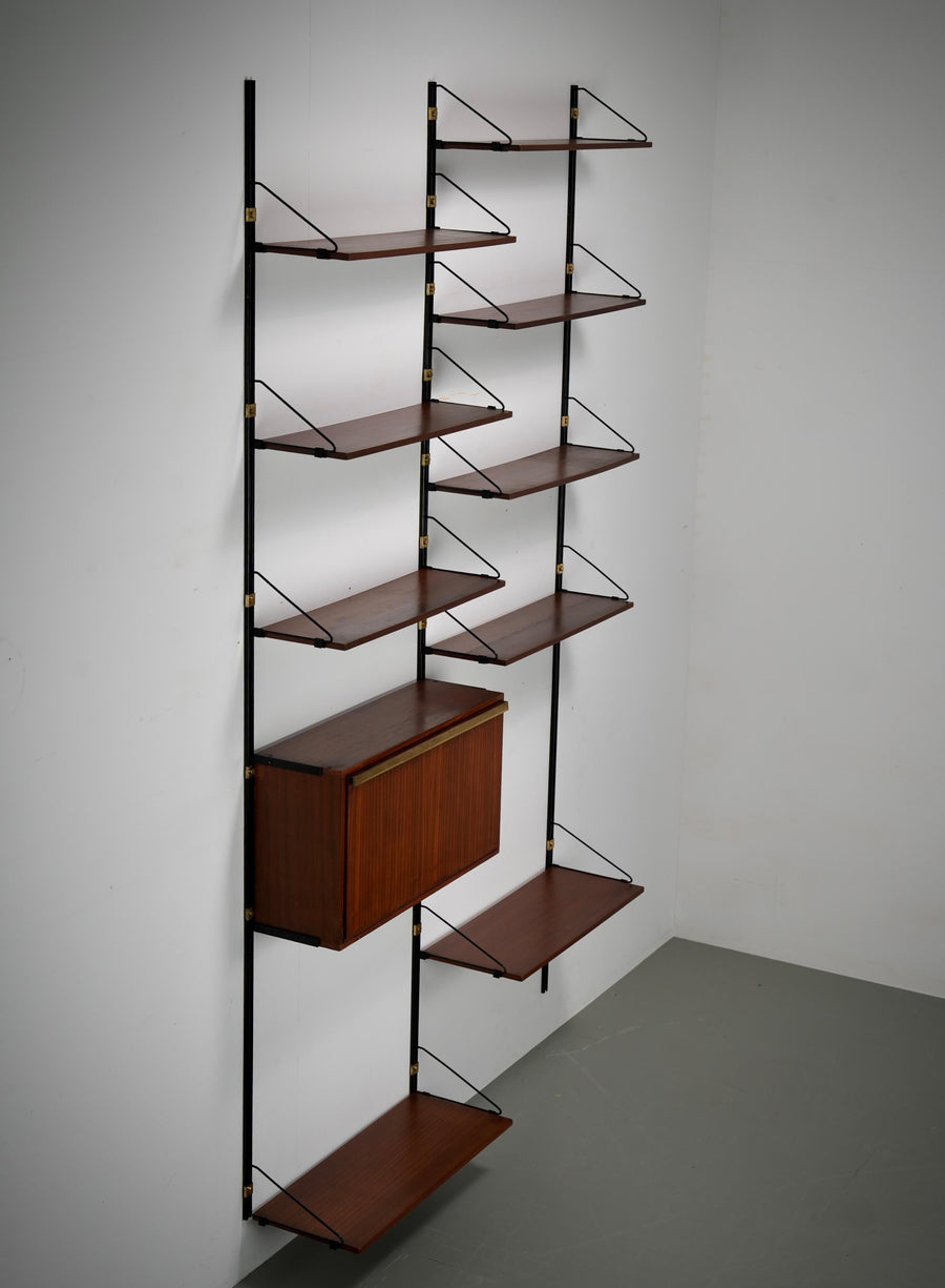 High modular Wall Unit with Dry Bar in Wood, Metal and Brass, Italy, 1960's
