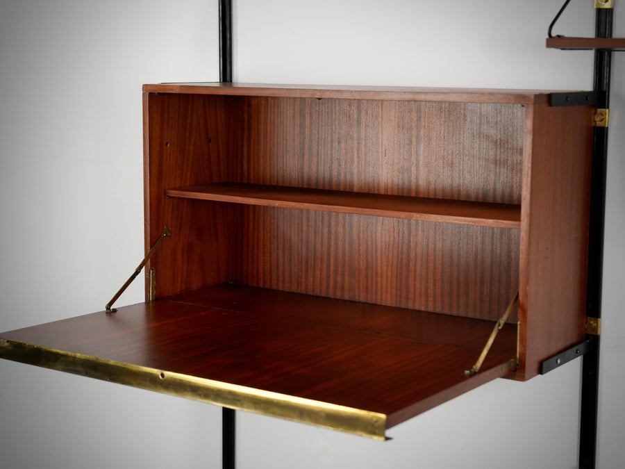High modular Wall Unit with Dry Bar in Wood, Metal and Brass, Italy, 1960's