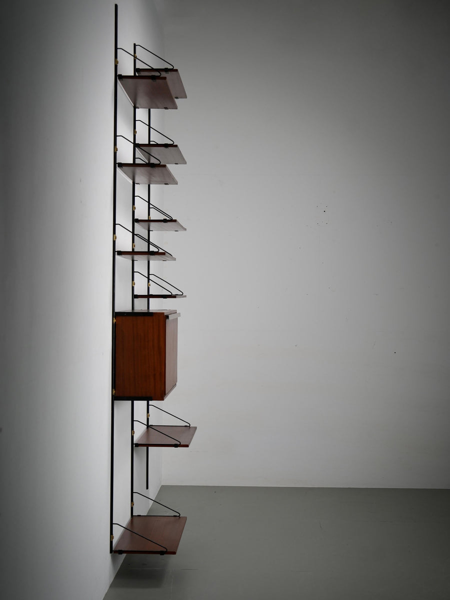 High modular Wall Unit with Dry Bar in Wood, Metal and Brass, Italy, 1960's
