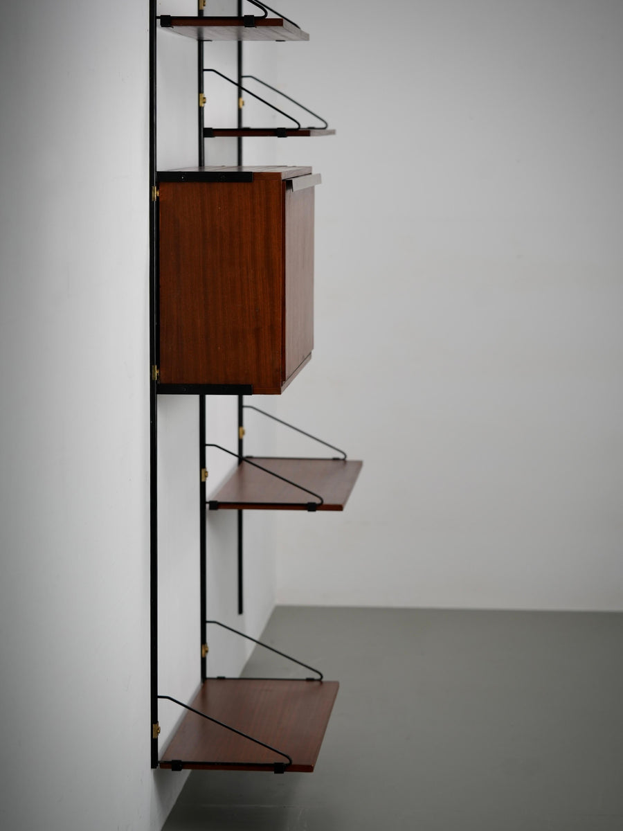 High modular Wall Unit with Dry Bar in Wood, Metal and Brass, Italy, 1960's
