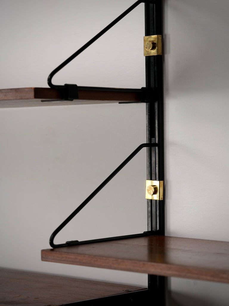 High modular Wall Unit with Dry Bar in Wood, Metal and Brass, Italy, 1960's