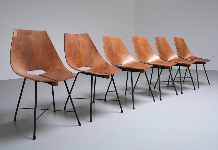 Set of 6 Dining Room Chairs by Carlo Ratti in Plywood and Metal, Italy, 1954