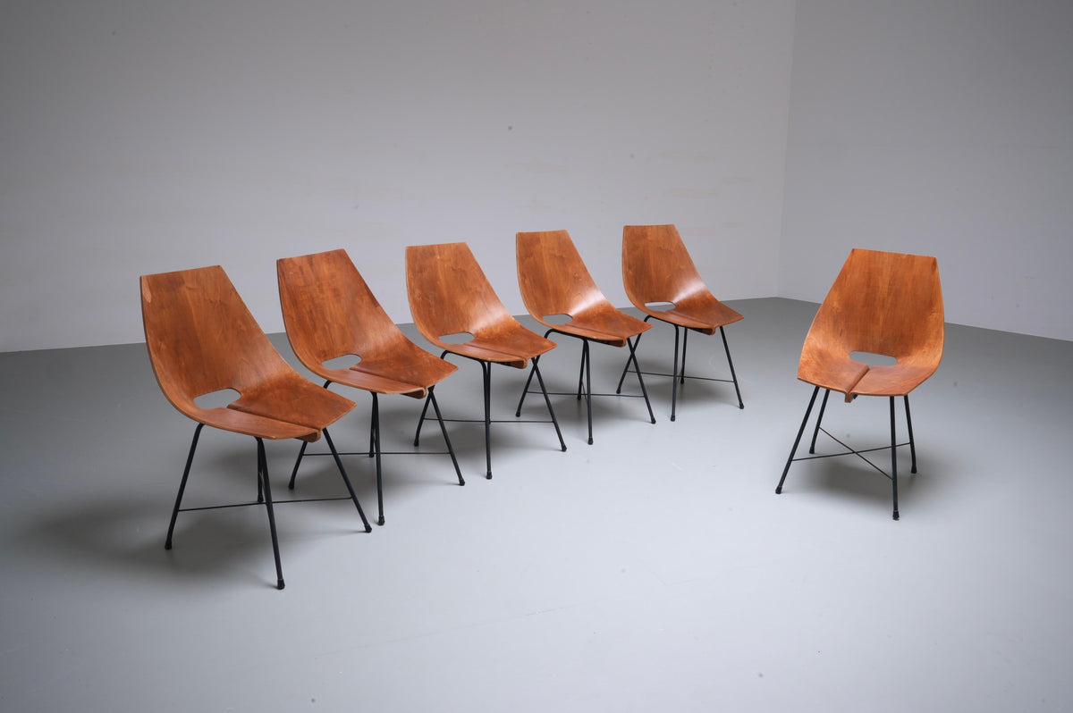Set of 6 Dining Room Chairs by Carlo Ratti in Plywood and Metal, Italy, 1954