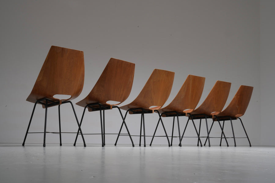 Set of 6 Dining Room Chairs by Carlo Ratti in Plywood and Metal, Italy, 1954