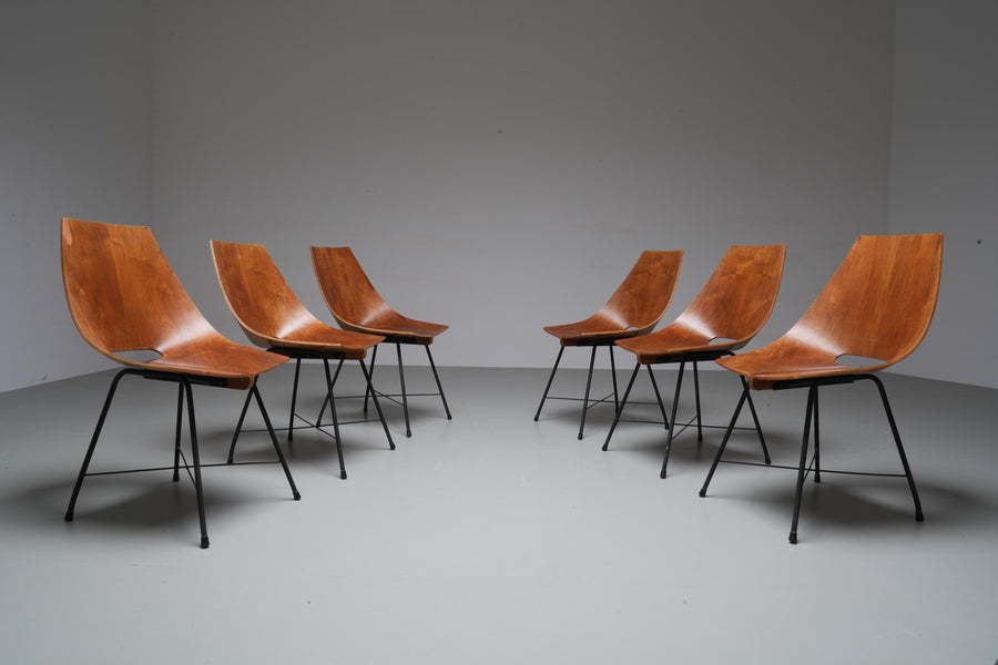 Set of 6 Dining Room Chairs by Carlo Ratti in Plywood and Metal, Italy, 1954
