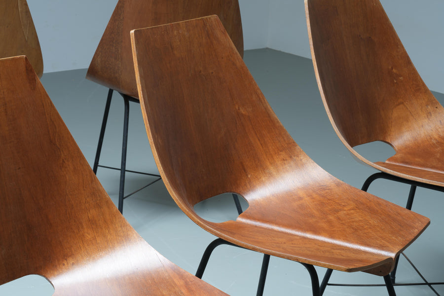 Set of 6 Dining Room Chairs by Carlo Ratti in Plywood and Metal, Italy, 1954