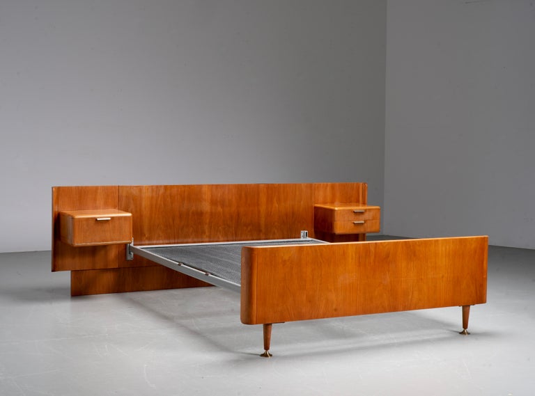 Northern European modern Double Bed with integrated floating Nightstands, 1950's