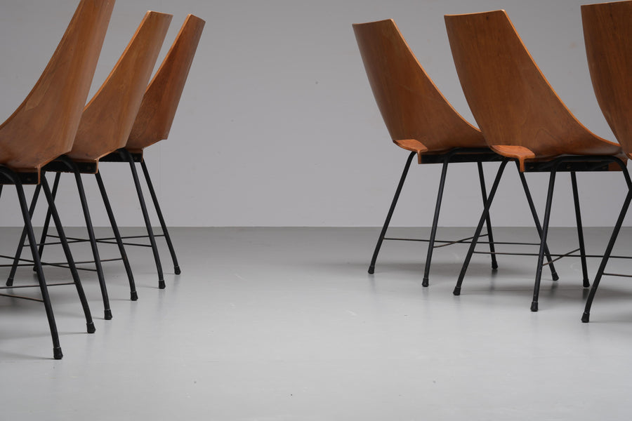 Set of 6 Dining Room Chairs by Carlo Ratti in Plywood and Metal, Italy, 1954