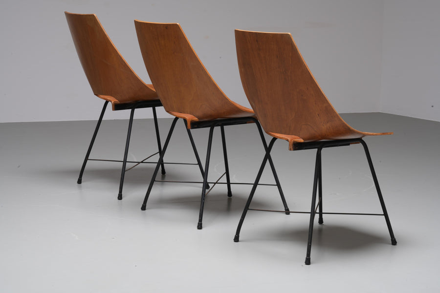 Set of 6 Dining Room Chairs by Carlo Ratti in Plywood and Metal, Italy, 1954