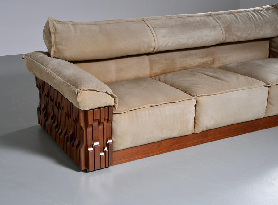Luciano Frigerio 'Norman' 3 Seat Sofa in Walnut and Suede, Italy, 1968