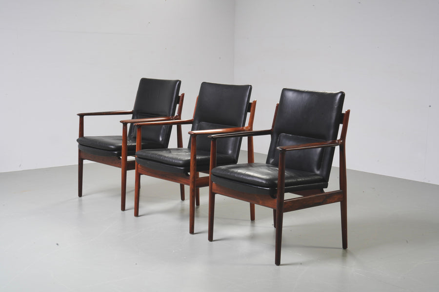 Arne Vodder set of 3 Armchairs in Rosewood and Leather mod. 431, Denmark, 1960's