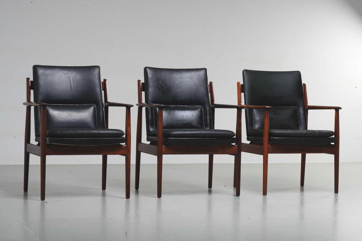 Arne Vodder set of 3 Armchairs in Rosewood and Leather mod. 431, Denmark, 1960's