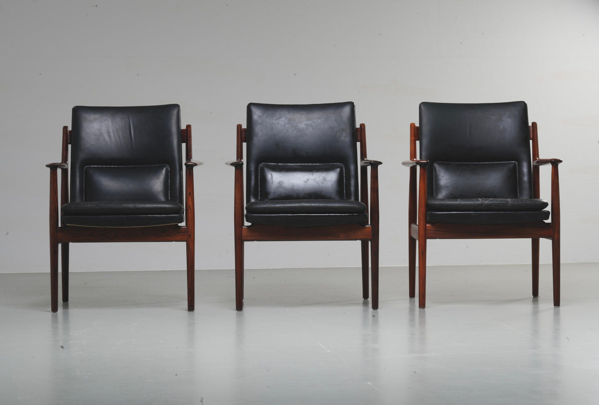 Arne Vodder set of 3 Armchairs in Rosewood and Leather mod. 431, Denmark, 1960's