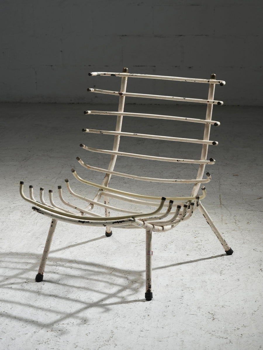 Set of Two White Rib Chairs in Metal and Brass, Brazil, 1950's
